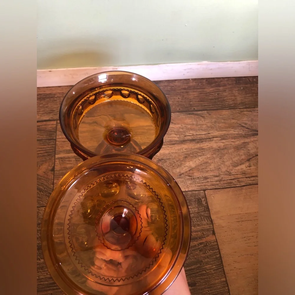 Indiana Glass Vtg 1950 Amber Kings Crown Thumbprint Pedestal Candy Dish W/ Lid